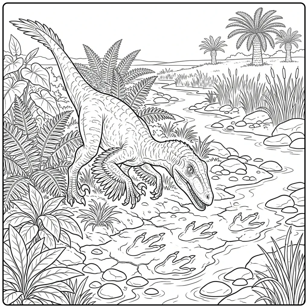 Realistische raptor kleurplaat tussen varens en water.