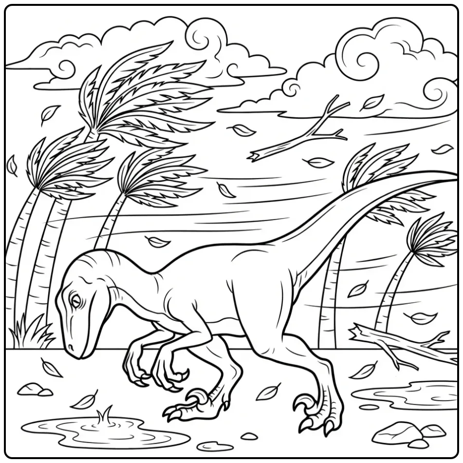 Stormachtige raptor kleurplaat tussen waaiende palmbomen