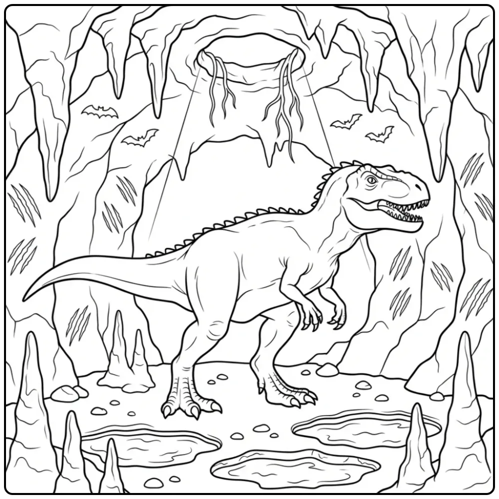 Gedetailleerde scorpius rex kleurplaat in een grot.