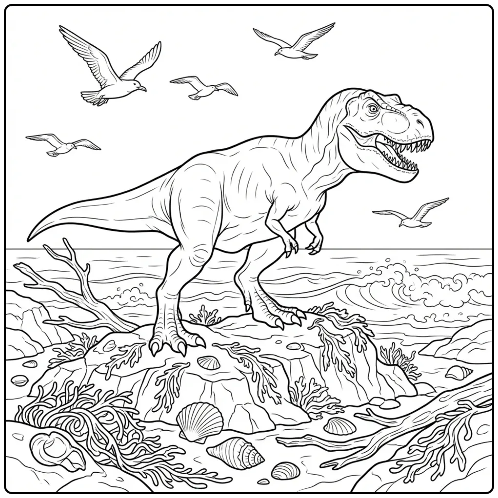 Realistische t rex kleurplaat op het strand met rotsen.