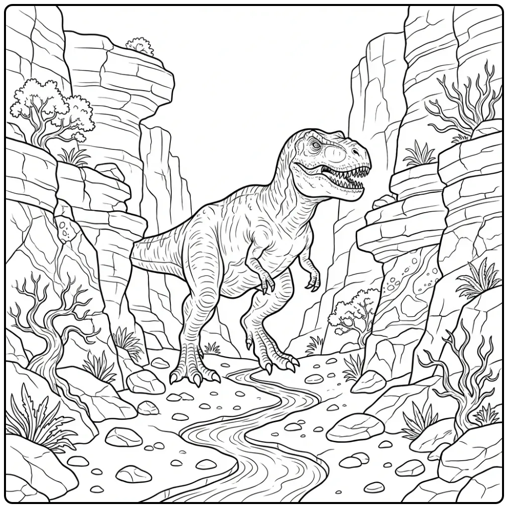 Realistische t rex kleurplaat tussen hoge rotswanden.