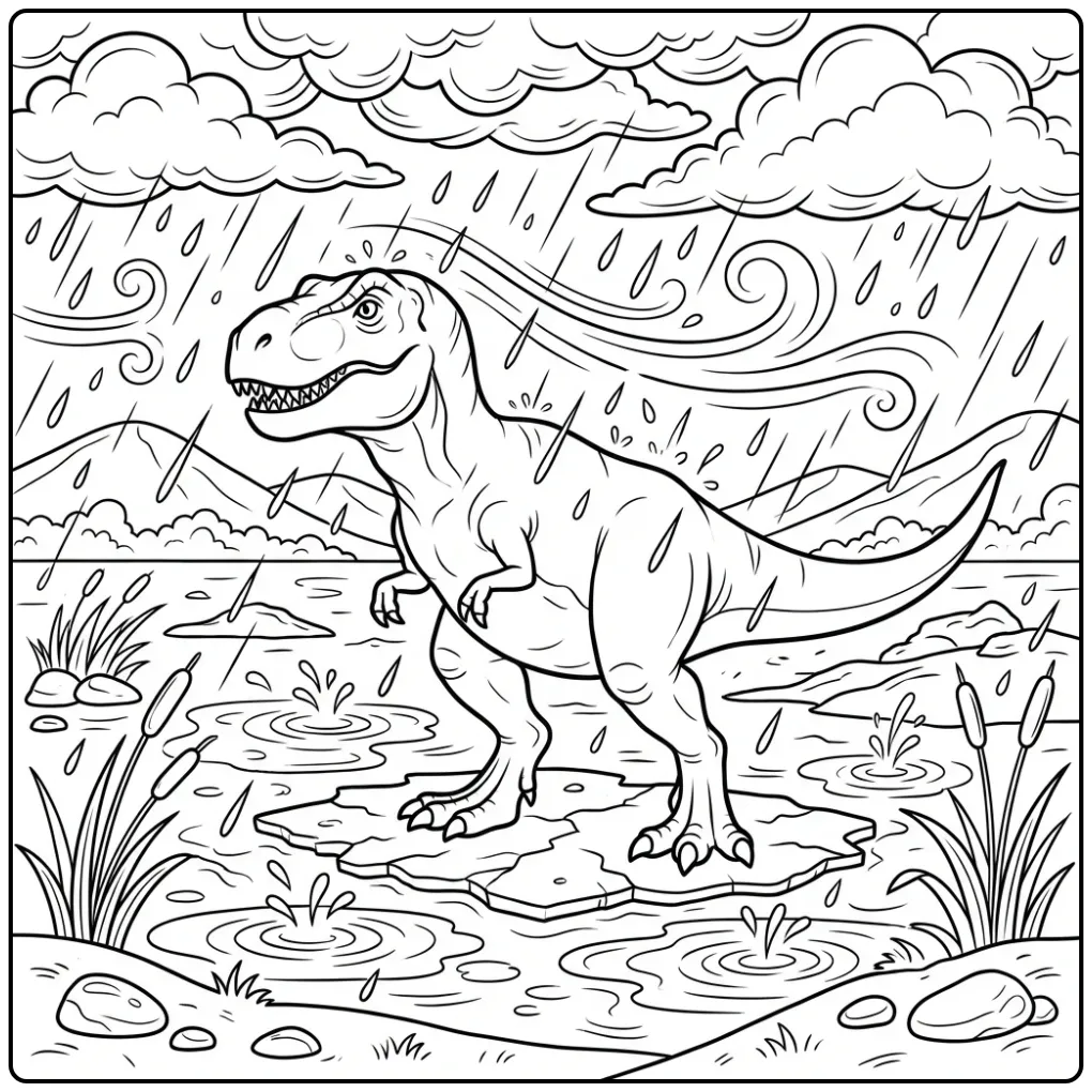 Een t rex kleurplaat met regen en wind op een moddervlakte.