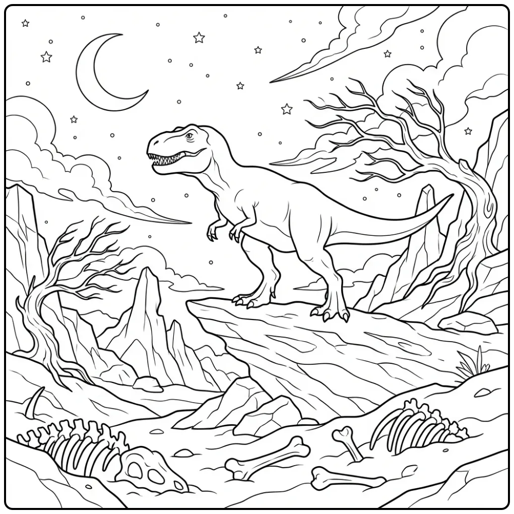 Realistische t rex kleurplaat onder een sterrenhemel en maan.