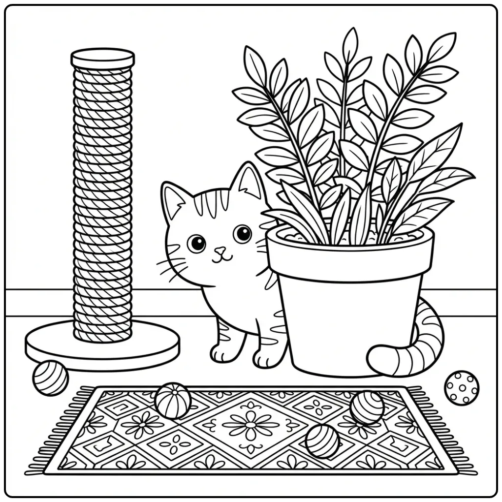 Schattige poes kleurplaat achter een grote kamerplant.