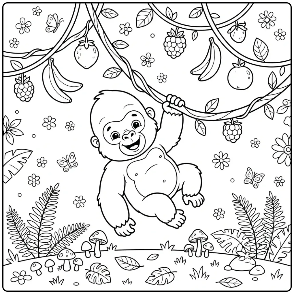 Schattige baby gorilla kleurplaat aan een liaan.