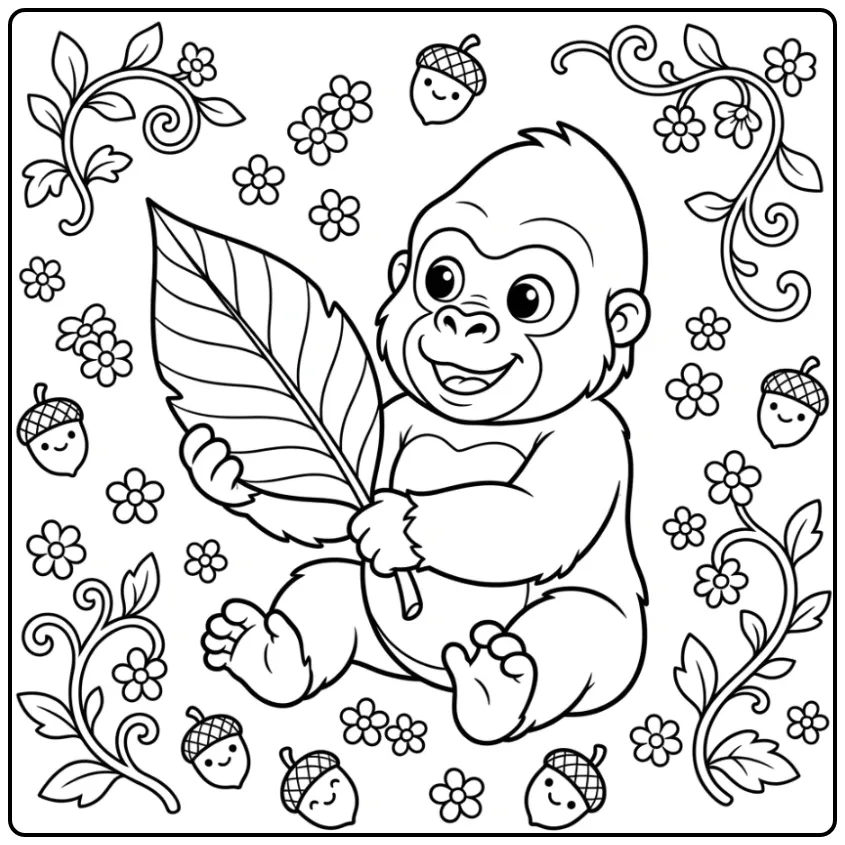 Schattige baby gorilla kleurplaat met een groot blad.