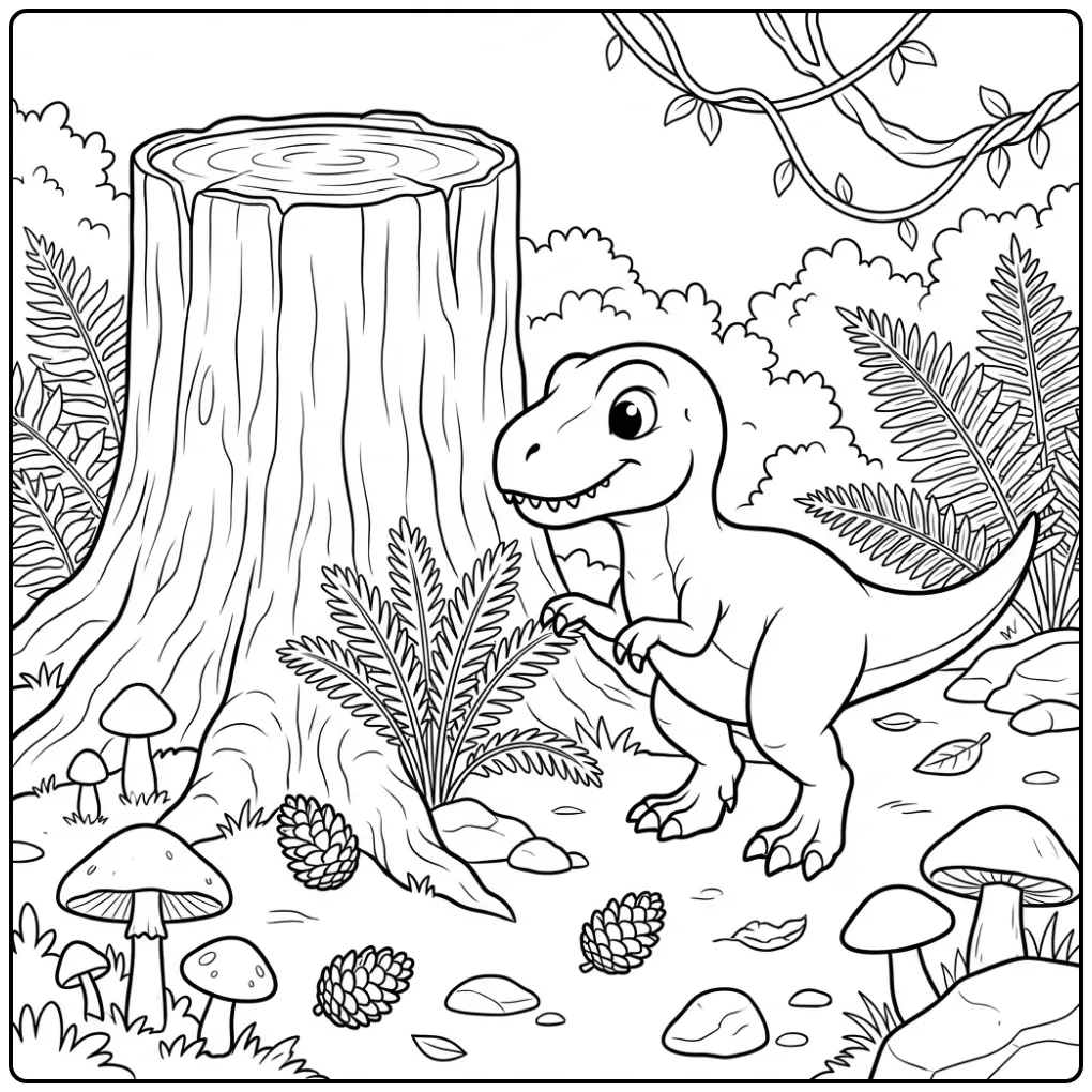 Schattige baby t rex kleurplaat spelend in het bos.