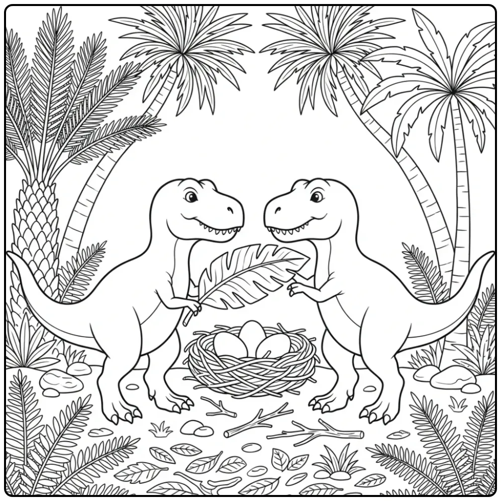 Schattige baby t rex kleurplaat met twee dino's en een blad.