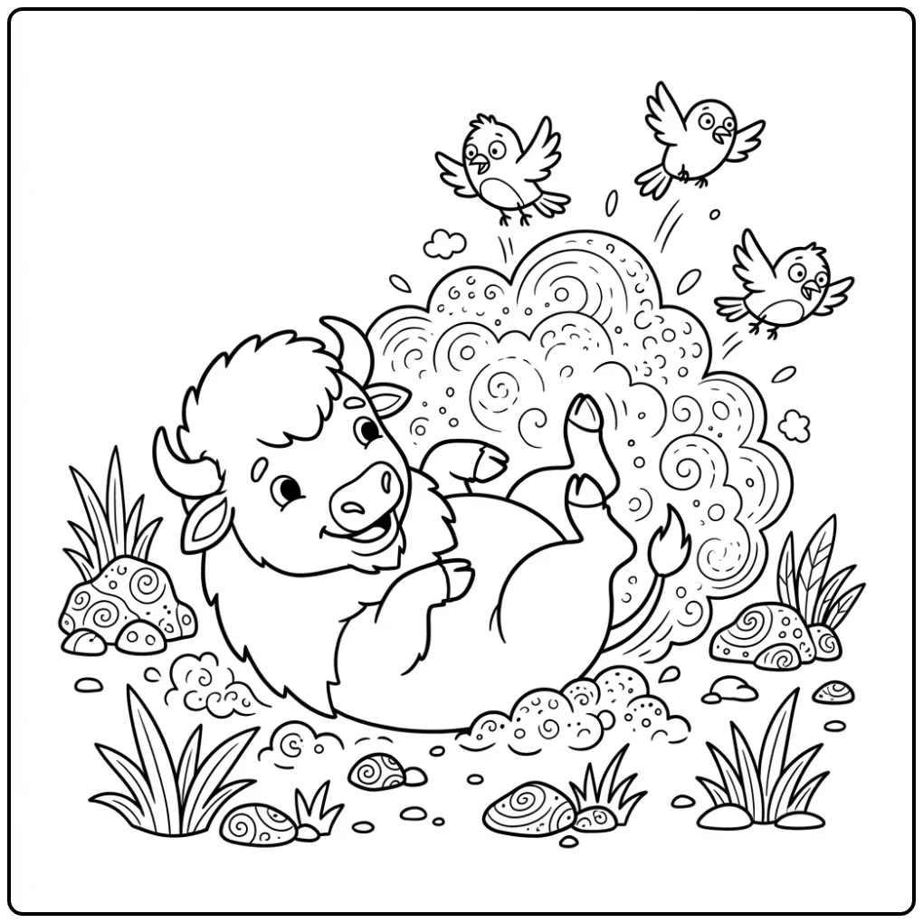 Schattige rollende bizon kleurplaat in het stof.