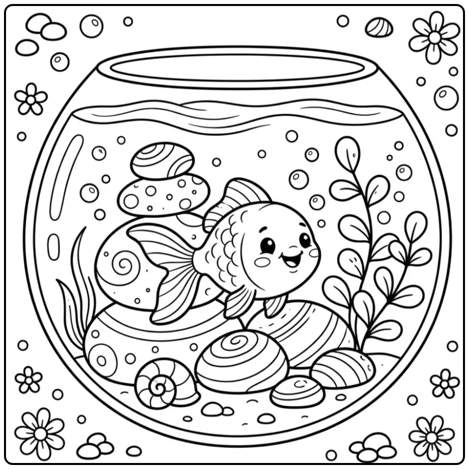 Cartoon goudvis kleurplaat tussen stenen en plantjes.