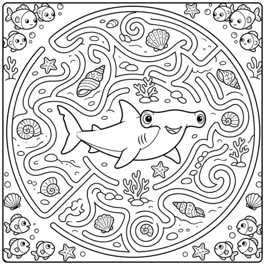 Cute hamerhaai kleurplaat zwemmend boven een zanddoolhof.