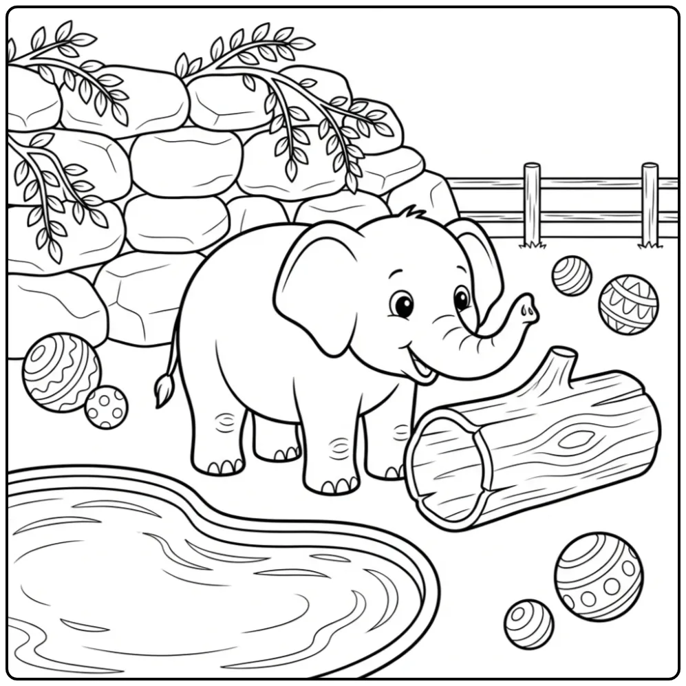 Leuke kleurplaat olifant in de dierentuin met een bal en water.