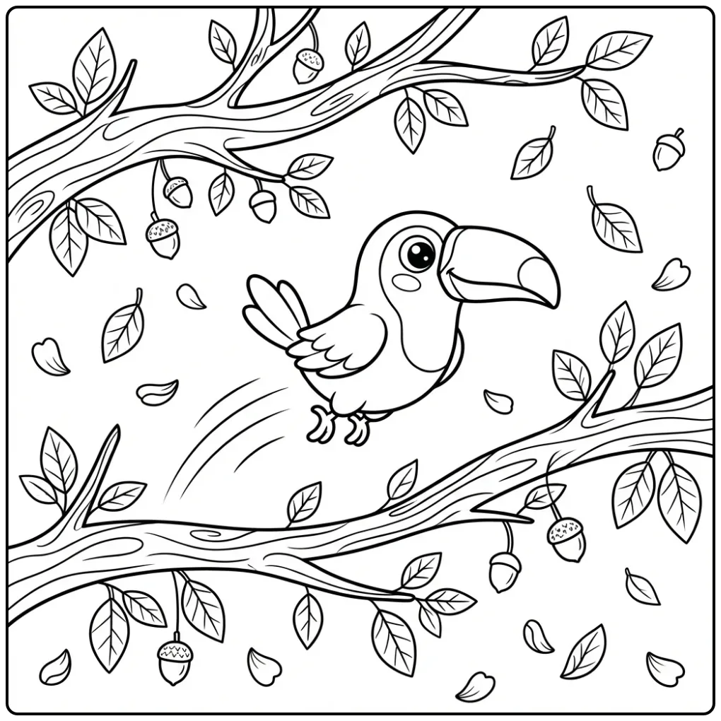Schattige kleurplaat toekan springt vrolijk tussen takken.