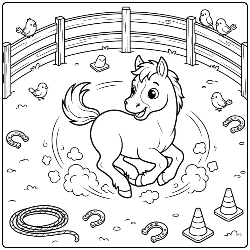 Vrolijke kleurplaat veulen jaagt achter zijn staart aan.