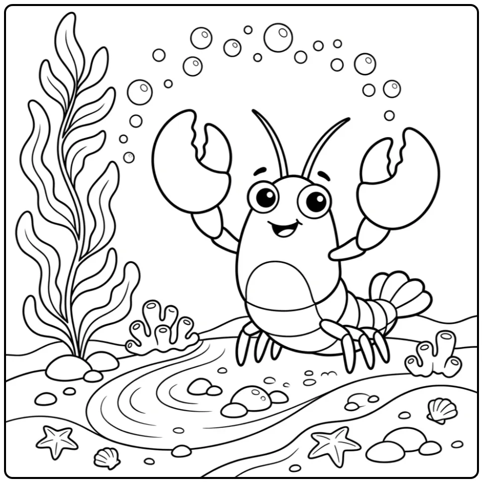 Een vrolijke kreeft kleurplaat met scharen omhoog.