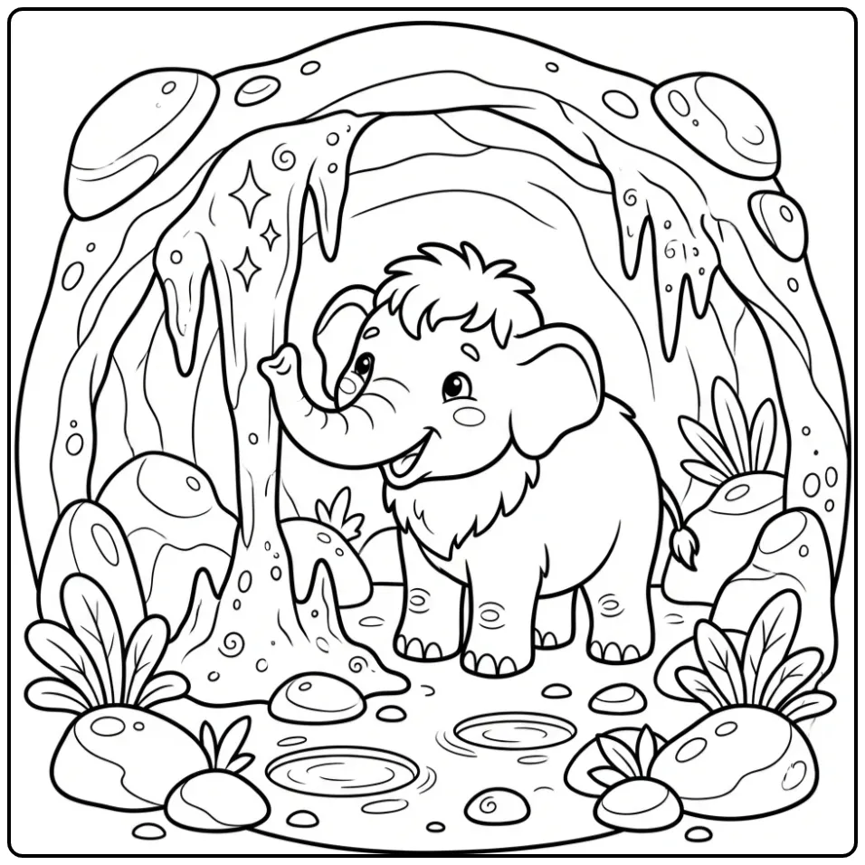 Schattige mammoet kleurplaat in een ijsgrot met ijspegels.