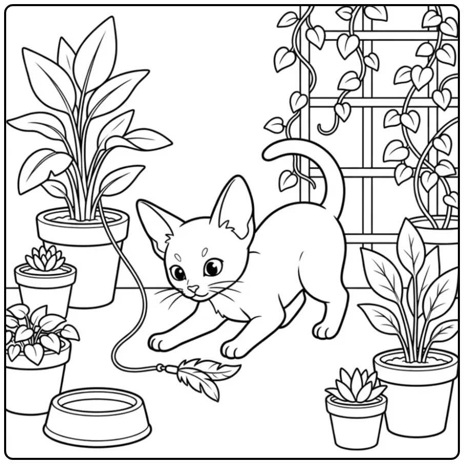 Vrolijke poes kleurplaat spelend in de tuin met een veer.