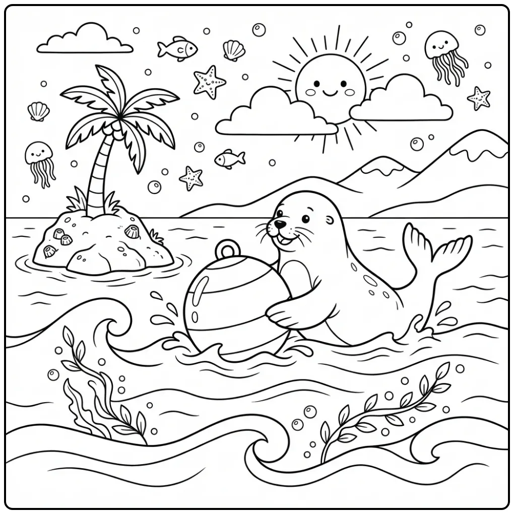 Schattige zeeleeuw kleurplaat spelend met een boei.