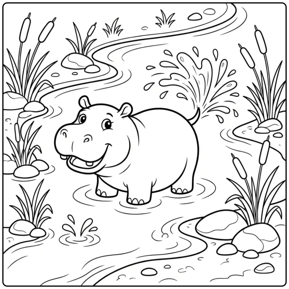 Vrolijke kleurplaat nijlpaard spetterend in de rivier.