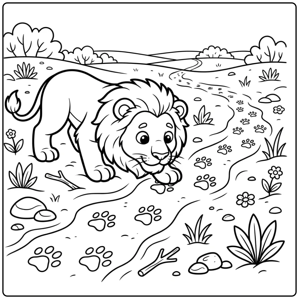 Kleurplaat leeuw die sporen in het zand onderzoekt.