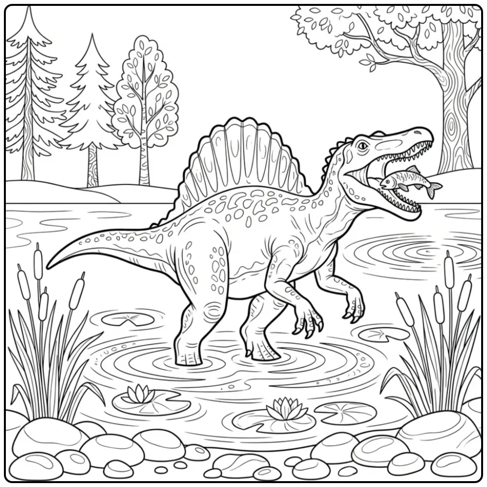 Spinosaurus vangt een vis in deze dino kleurplaat.