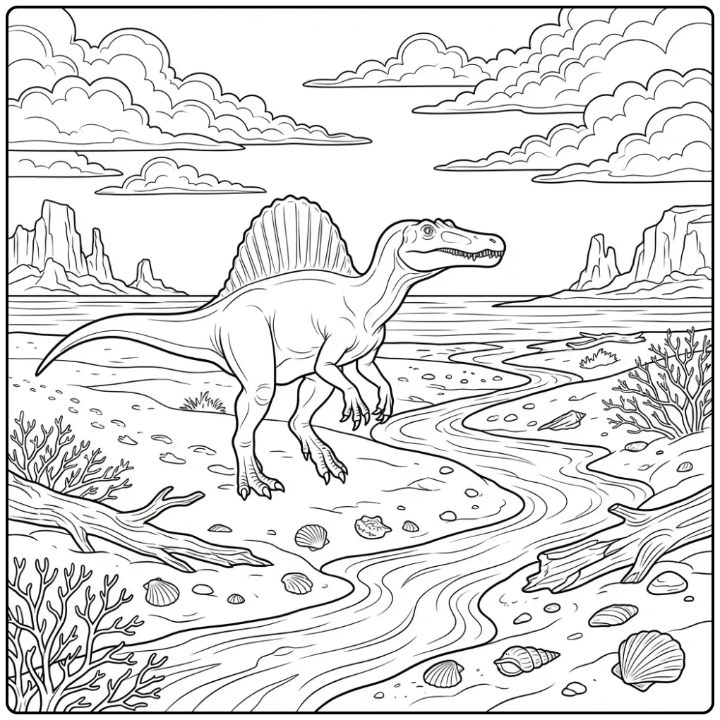 Realistische spinosaurus kleurplaat op zandbank.