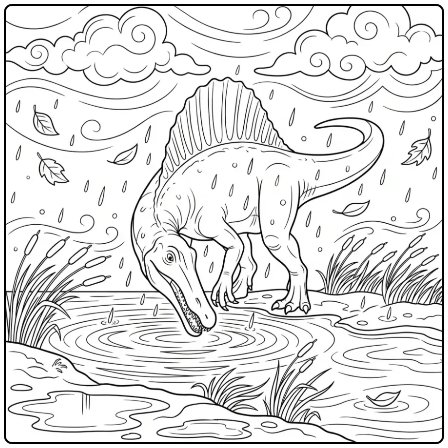 Realistische spinosaurus kleurplaat in een regenstorm.