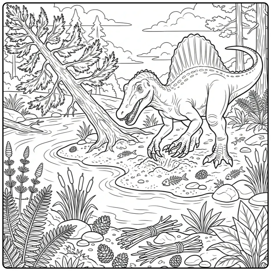 Realistische spinosaurus kleurplaat vissend bij een rivier.