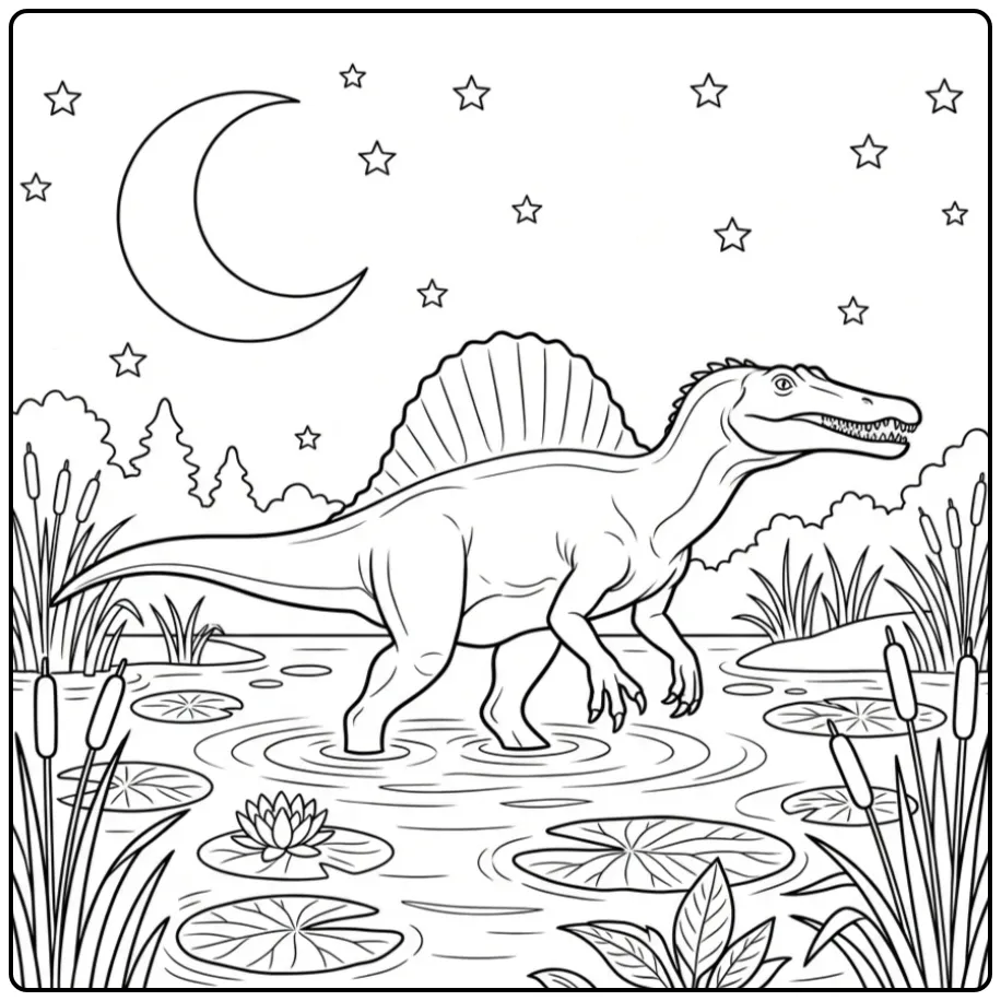 Realistische spinosaurus kleurplaat in het water bij nacht.