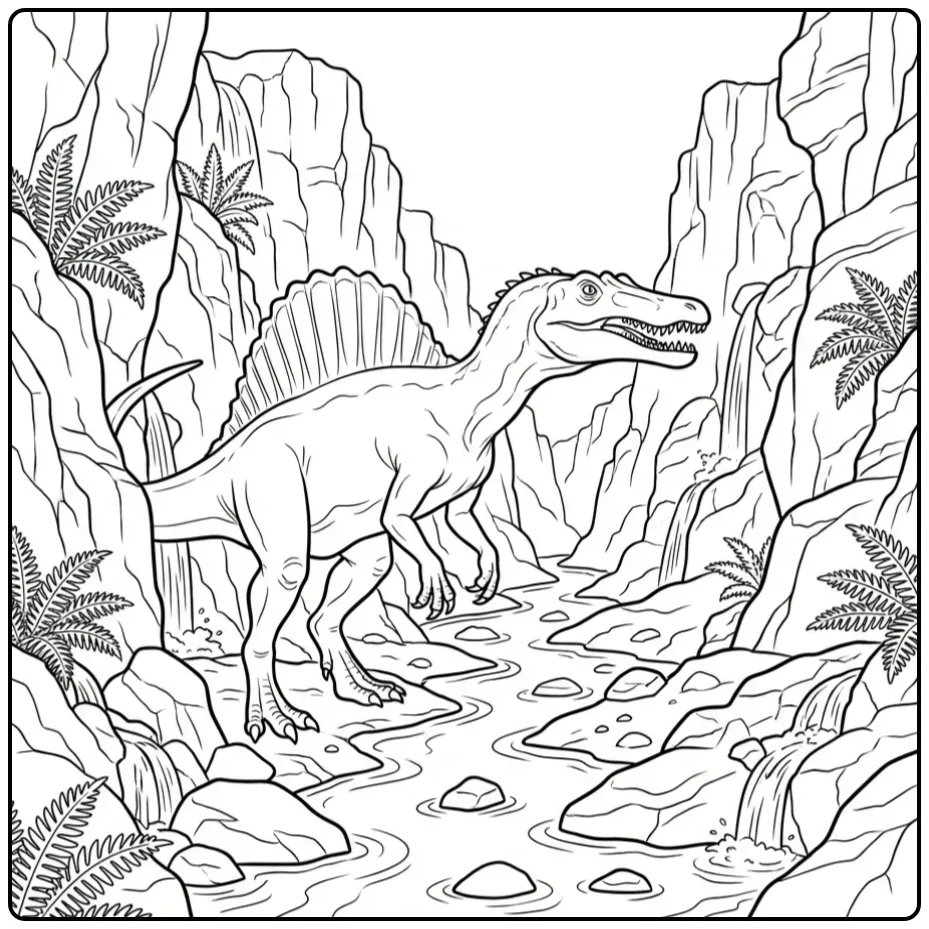 Realistische spinosaurus kleurplaat in een rivierkloof.