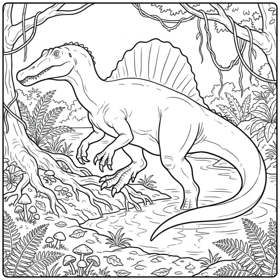 Realistische spinosaurus kleurplaat in een moerasomgeving.