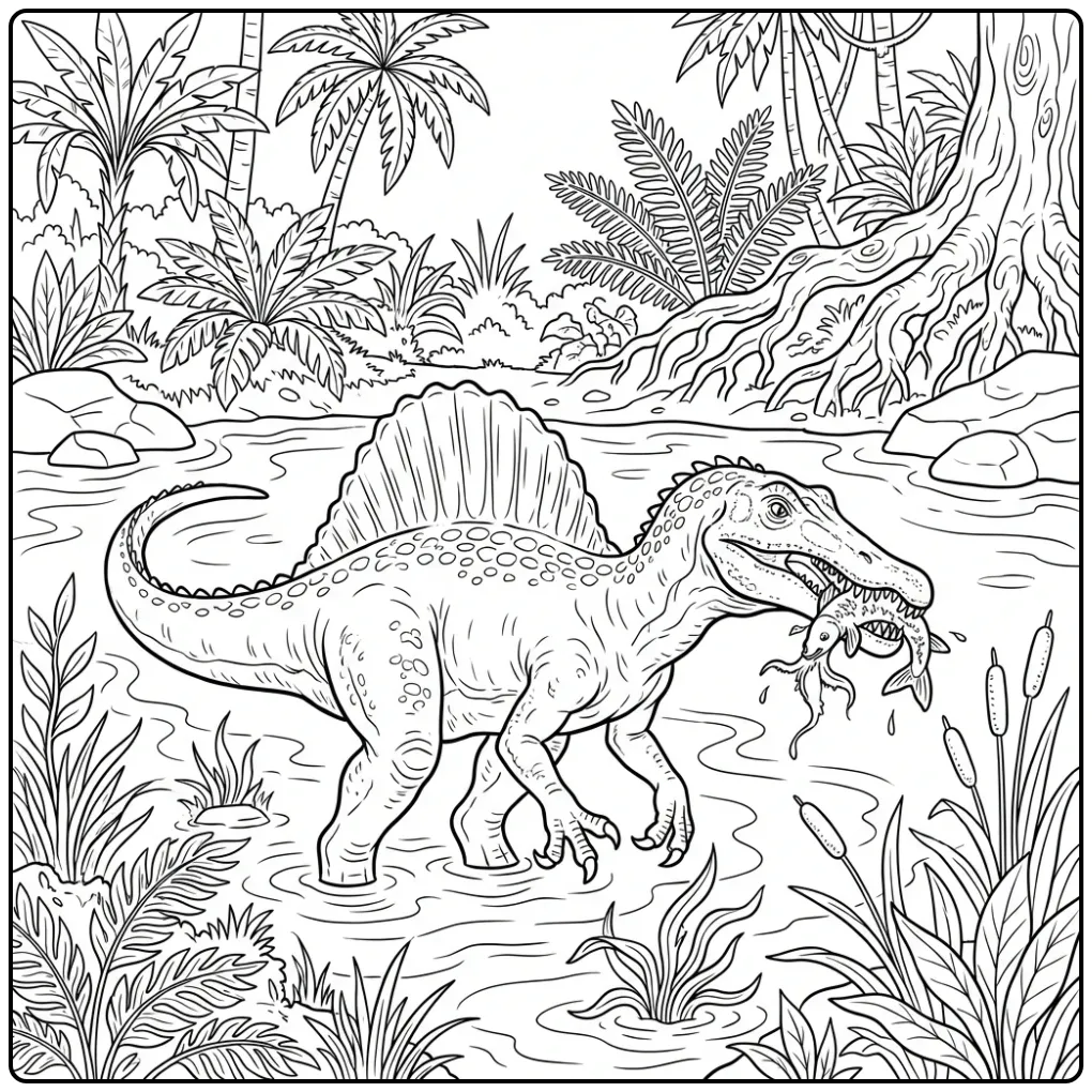 Realistische spinosaurus kleurplaat vangt een grote vis.