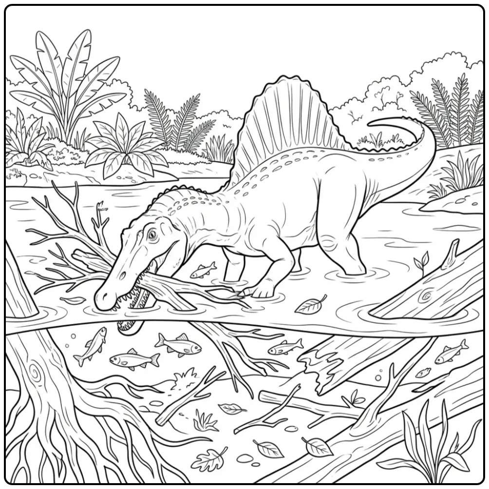 Realistische spinosaurus kleurplaat bij een boomstam in water