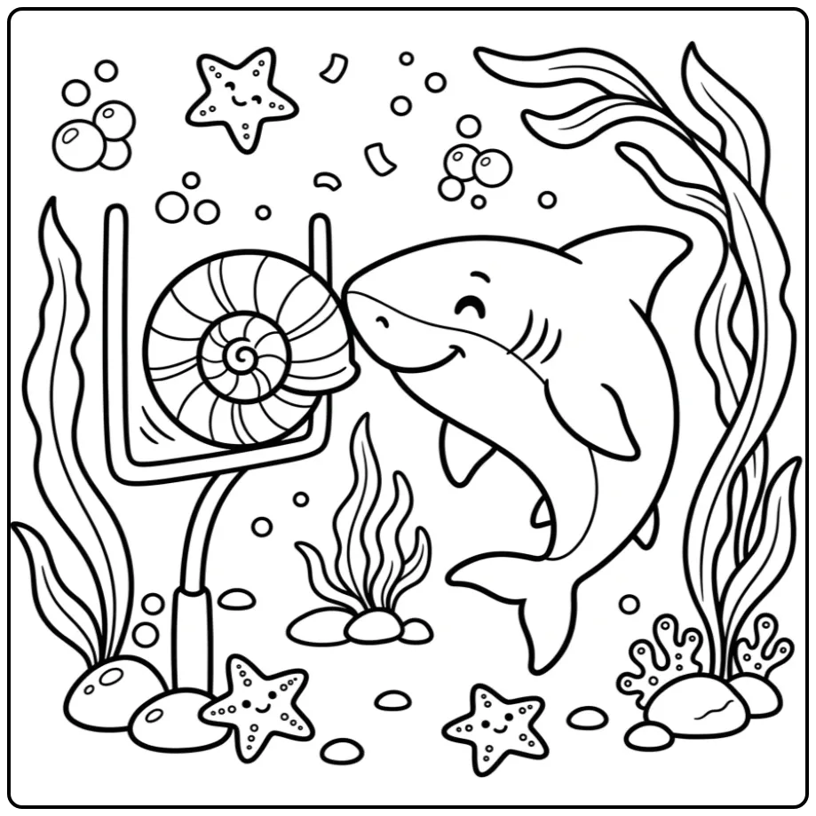 Een vrolijke kleurplaat haai die speelt met een grote schelp.