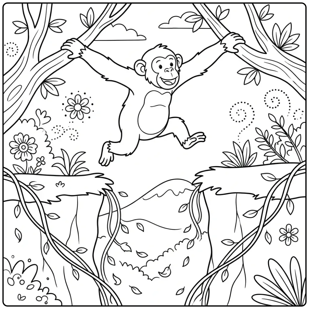 Een avontuurlijke kleurplaat chimpansee tussen lianen.