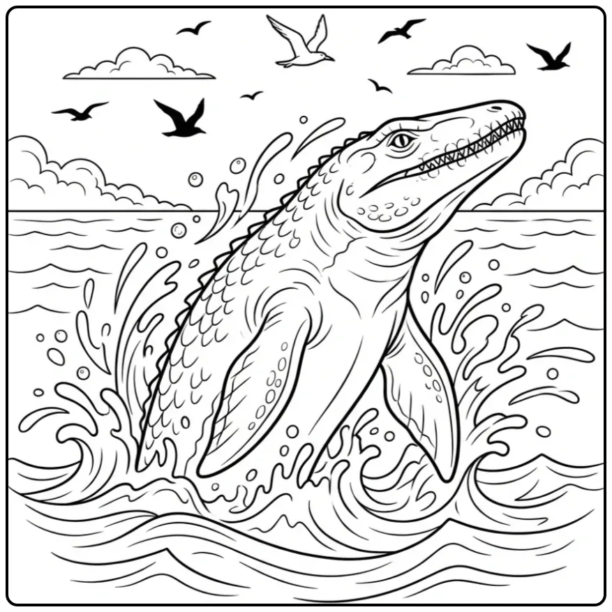 Mosasaurus kleurplaat springt uit het water met spetters