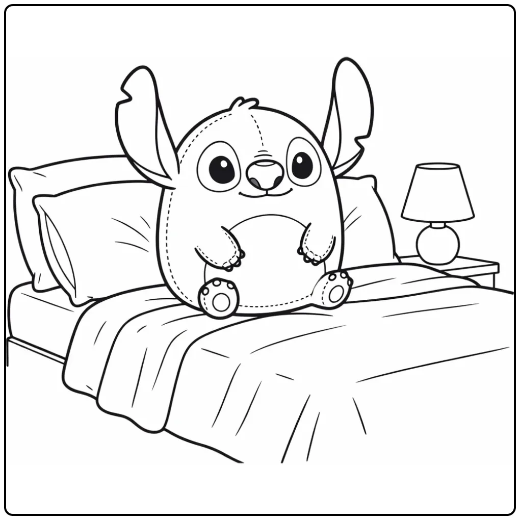 Schattige squishmallow kleurplaat stitch zittend op een bed.