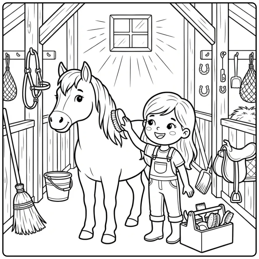 Schattige kleurplaat paard met meisje dat borstelt in de stal