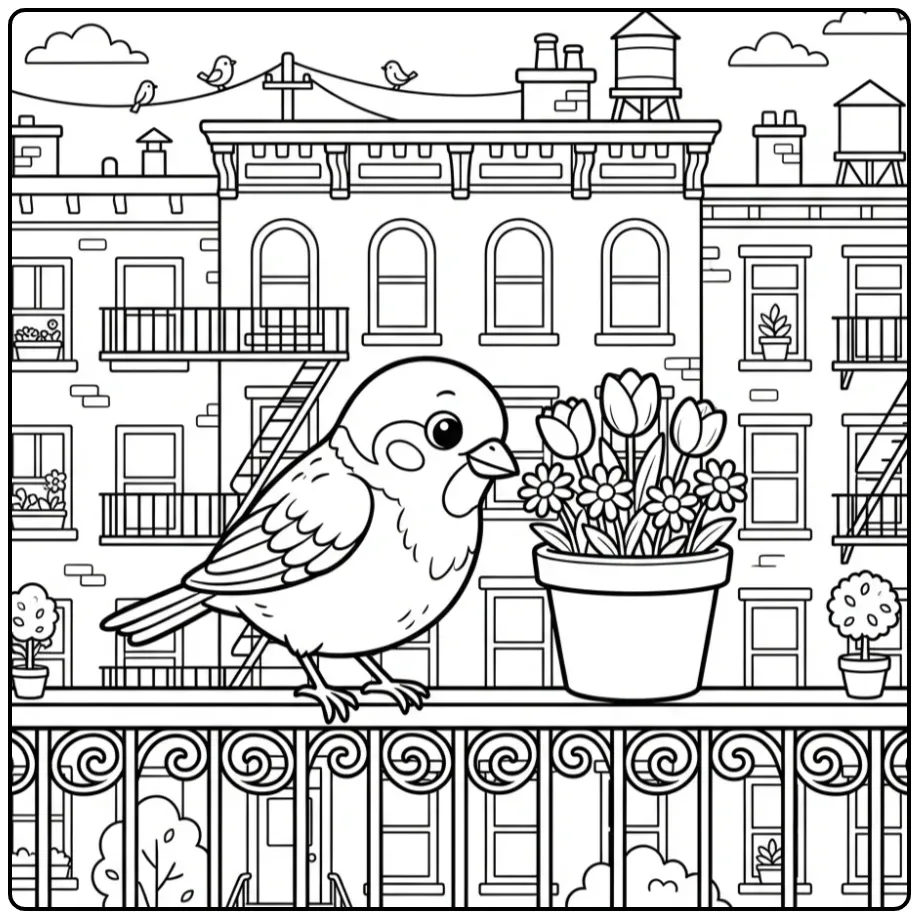 Schattige kleurplaat mus op een balkonreling bij bloemen.