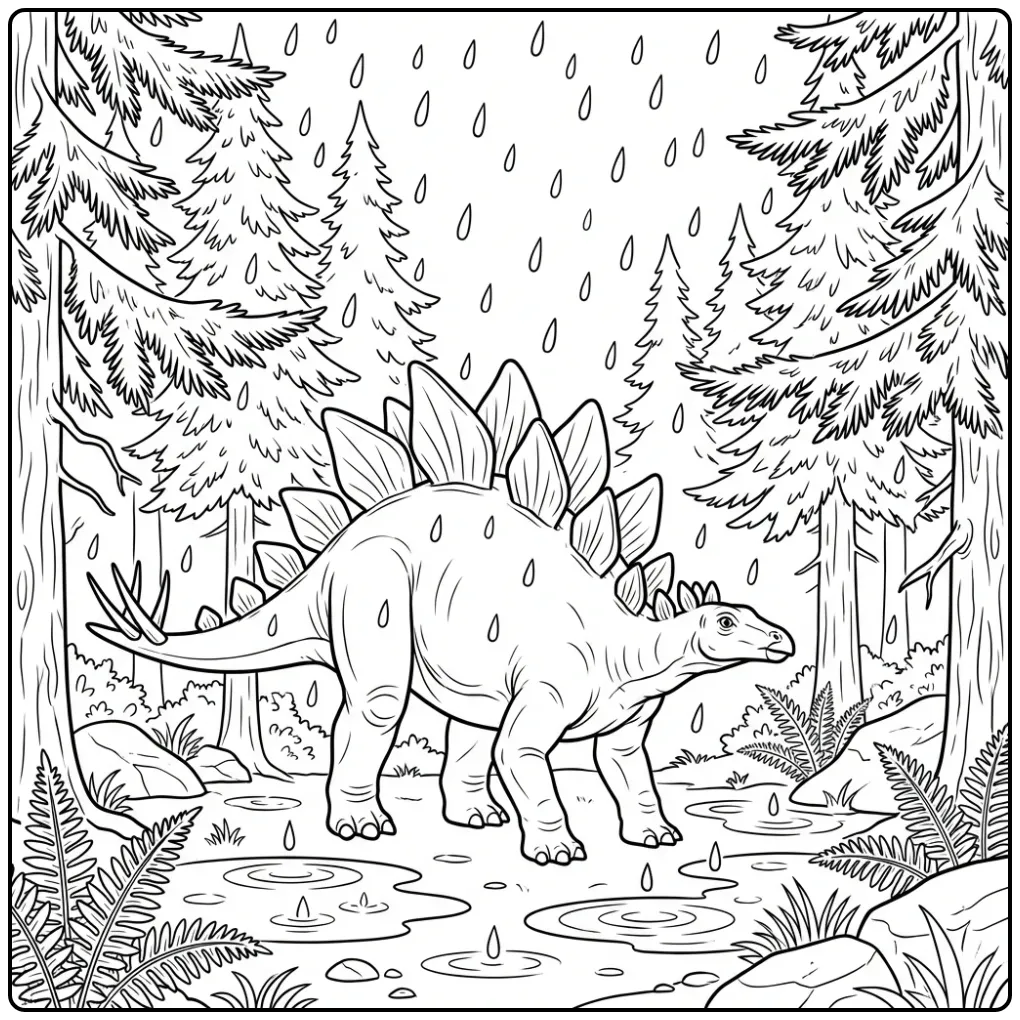Realistische stegosaurus kleurplaat in een regenachtig bos.