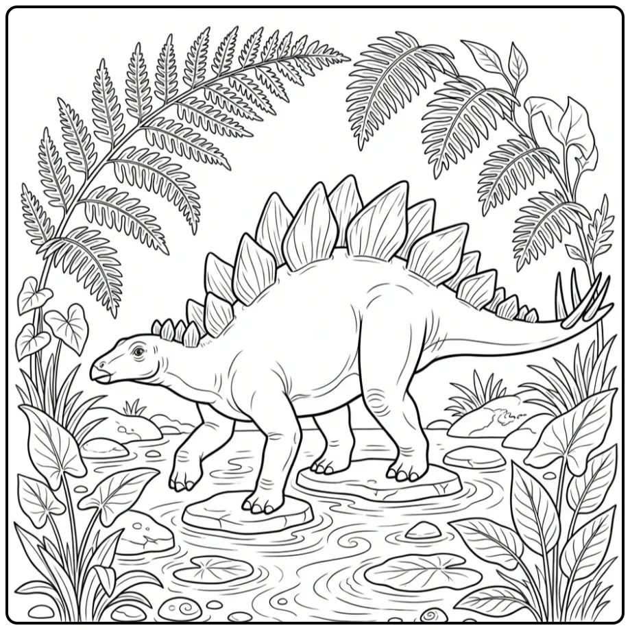 Gedetailleerde stegosaurus kleurplaat bij een ondiepe beek.