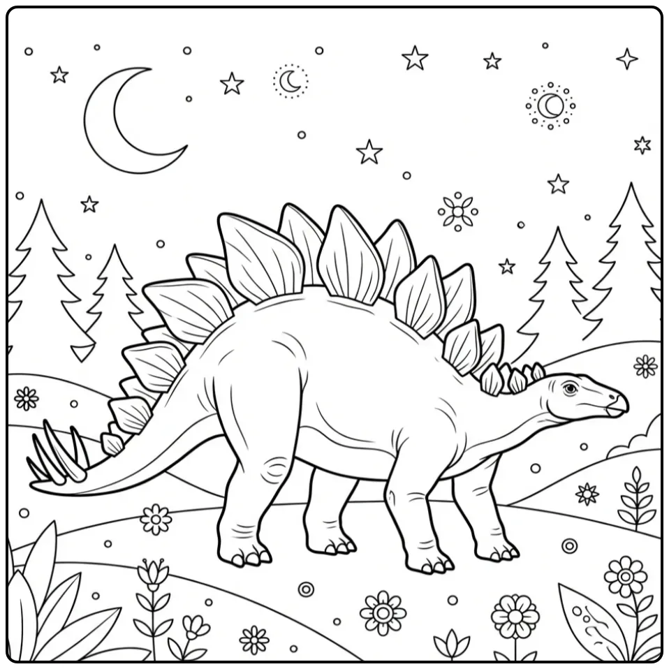 Realistische stegosaurus kleurplaat onder de sterrenhemel.