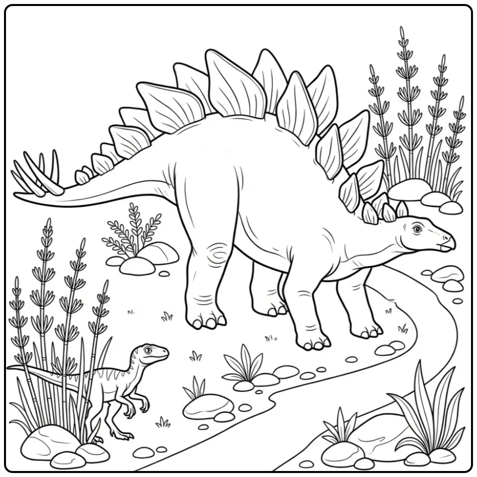Realistische stegosaurus kleurplaat met kleine dino en planten