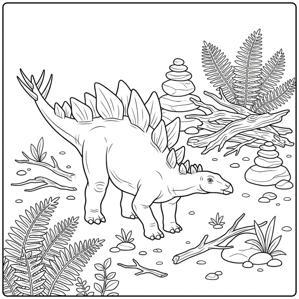 Realistische stegosaurus kleurplaat met opgeheven staart.