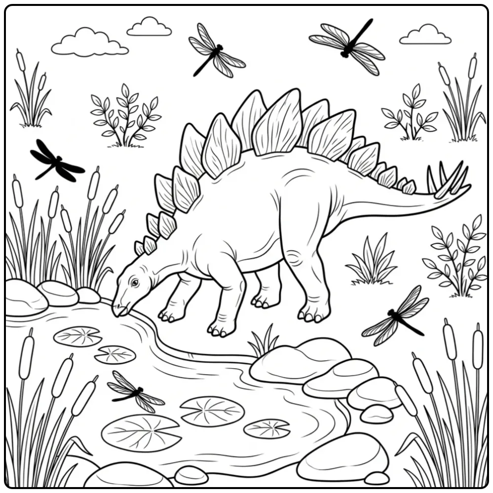 Realistische stegosaurus kleurplaat aan de waterkant.