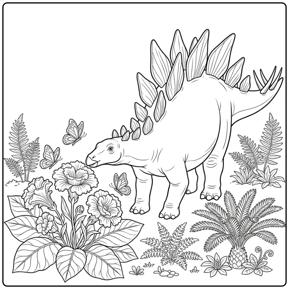 Realistische stegosaurus kleurplaat ruikt aan bloemen.