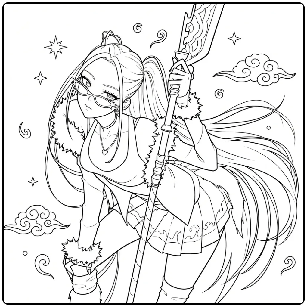 Een kleurplaat kpop demon hunters mira met wapen in actiepose.