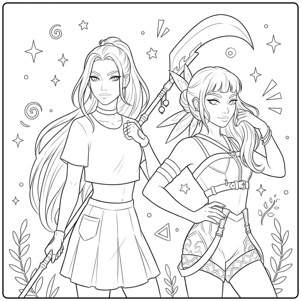 Kleurplaat kpop demon hunters met twee stijlvolle meiden.