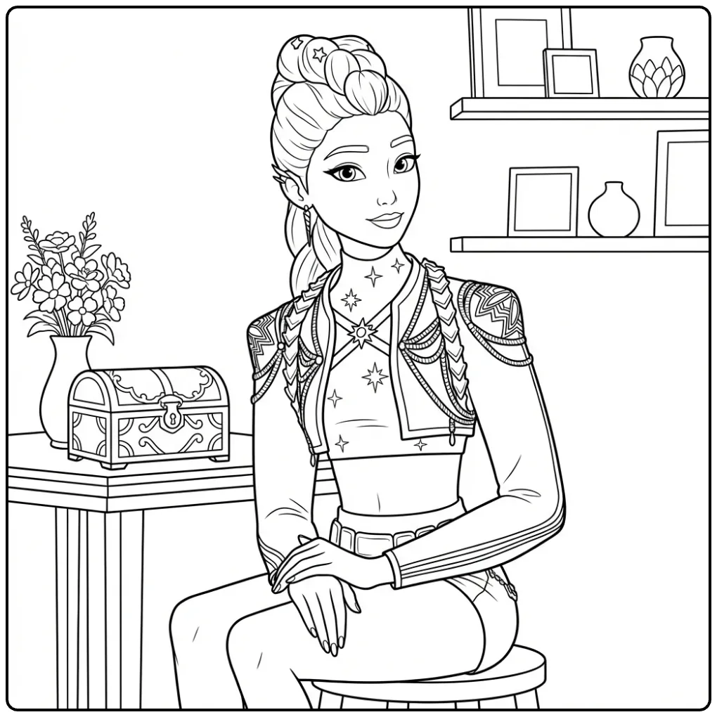 Gedetailleerde kleurplaat kpop demon hunters rumi met vlecht.