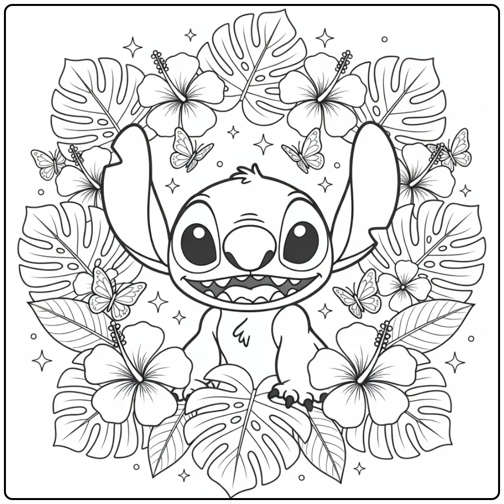 Schattige stitch hoofd kleurplaat tussen hibiscusbloemen.